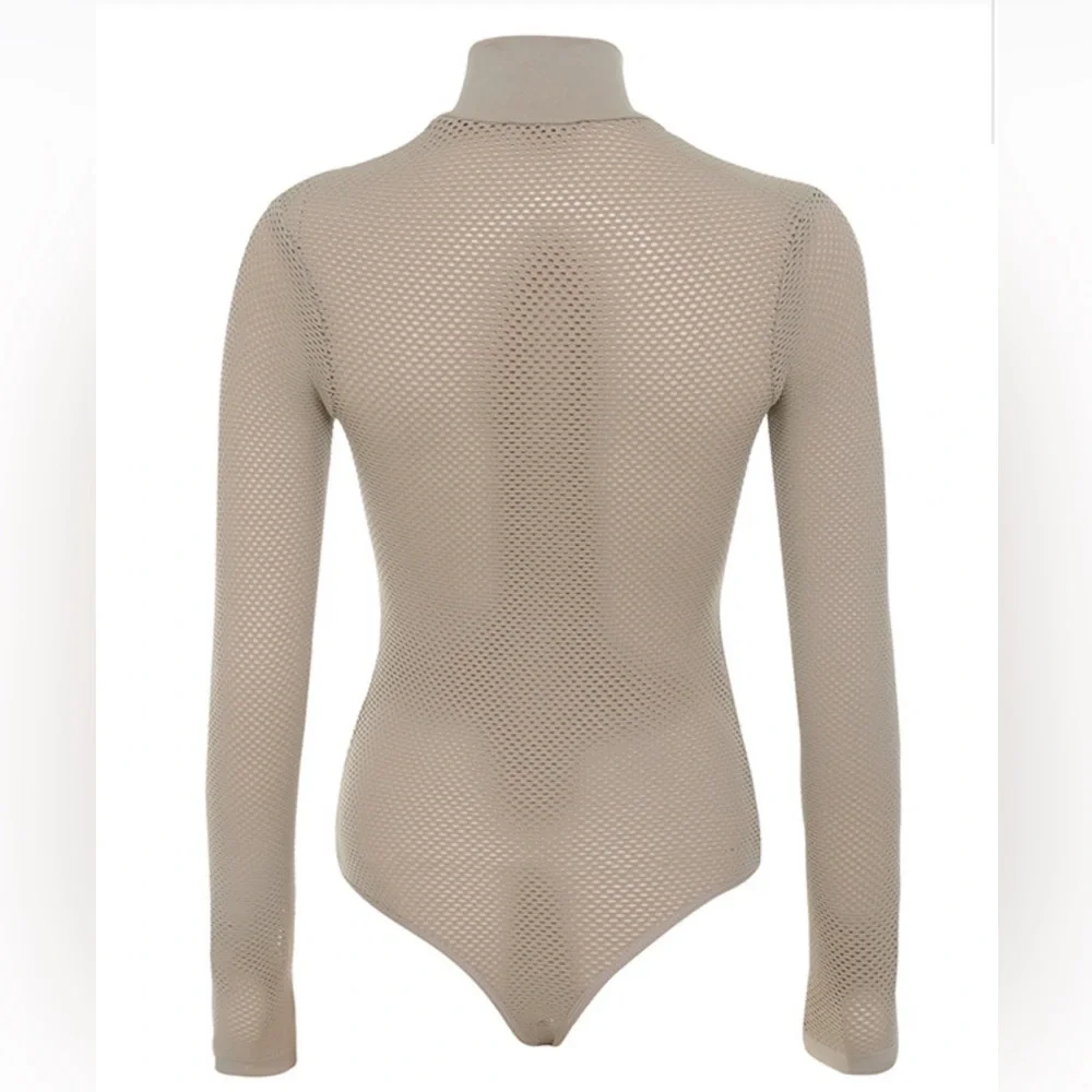 HOUSE OF CB Shadow Mocha Tan Knitted Stretch Mesh Bodysuit Long Sleeve M/L NEW_10